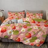 Niedliche Blumen Bettwäsche 240x260 cm 3 teilig Bettbezüge mit Erdbeeren Blumen Muster, Bettwäsche Sets aus Mikrofaser mit Reißverschluss Weich und Bügelfrei, Rosa