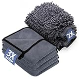 YSWOVUO 5 Stück Autopflege Set mit 3er Mikrofasertücher Auto & 2er Mikrofaser Waschhandschuh Auto, 600 GSM Trockentuch Extra Saugstark 100% Kratzfrei & Schonend, zum Polieren (40 x 30 cm)