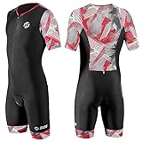 SLS3 Triathlon Anzug Herren - Trisuit Einteiler – Triathlonanzug - Triathlon Einteiler - Aerodynamischer Kurzarm Trisuit, (Black/Red Geo, S)