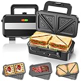 Cumeod Sandwichmaker 3 IN 1, 1200W & 5-Gang-Temperaturregelung Waffeleisen, Sandwichtoaster, Kontaktgrill mit 3 Antihaftplatten für Sandwich, Waffeln, Fleisch, LED-Leuchten, Cool-Touch-Griff