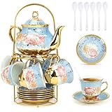 20 Stück Keramik Teeservice Serving 6 Personen, Europäisches Porzellan Teeservice mit Metallständer,160ml Keramik Teetasse, 700ml Teekanne, Vintage Teaset für Hochzeit, Party, Nachmittagstee, Kaffee