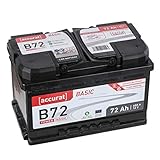 Accurat Basic B72 Autobatterie - 12V, 72Ah, 650A, zyklenfest, wartungsfrei, 30% mehr Startleistung, Ca-Technologie, Pluspol rechts- Starterbatterie, Nassbatterie, Blei-Säure Batterie