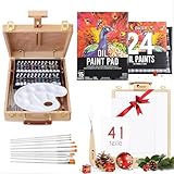 Staffelei mit Ölfarben Set - Malset 41 Teile : 24 Tuben Ölfarbe 3 Leinwand Zum Bemalen 1 Malblock 10 Pinsel 1 Malspachtel 1 Palette 1 Tischstaffelei Zenacolor