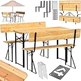 holz4home® Bierzeltgarnitur 3-teilig aus Holz mit Lehne I 117 x 45,5 x 75 cm Tisch + 2 Bänke I Festzeltgarnitur mit Wandhalterung, 12x Bodenheringe I Sitzgarnitur inkl. Flaschenöffner