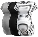 Smallshow Damen Umstandsmode Tops Seitlich Geraffte Schwangerschafts Umstandstop 3er Pack Black/Grey/White Stripe M