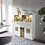 Lomadox Barschrank Hausbar Weinschrank Minibar matt weiß mit Eiche Nb. und LED Beleuchtung, B/H/T: ca. 120/129/37 cm