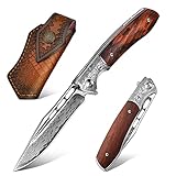 Japaknives Damast Taschenmesser Klappmesser, Hochwertiger Holzgriff, für outdoor Sammeln,Gutes Geschenk