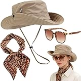 DTAOZFA Frauen Safari Kostüm, Faltbare Sonnenhut, Kostüm des Archäologen, Rollenspielkostüm Halloween, Fischerhut/Teleskop/Nackenband