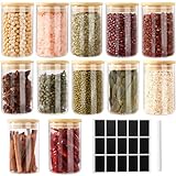 FoiiLiio 12 Stück Gewürzgläser Set mit Bambus Deckel, 250ml Gewürzdosen Set Glas, Gewürzbehälter SpiceJars, Gewürze Aufbewahrung, Gewürz Organizer, Gewürzaufbewahrung für Kräuter & Tee [6,5cm x 10cm]