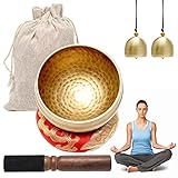 Tibetisches Klangschalen Set,Meditationsklangschale,Ø 8.6 cm Hand gehämmert Messing mit Holz Klöppel,Klangschalenkissen und 2Pcs Messingglocke für Yoga Meditation und Entspannung