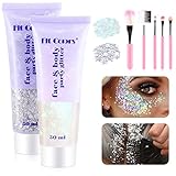 Glitter Body Gel 50g,PAMIYO 2PCS Glitzer Gesicht Körperglitzer Pailletten für Face Haare Lippe Körper Meerjungfrau Pailletten Flüssiger Lidschatten Für Halloween festliche Anlässe (Weiß+Silber)