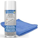 Toldoro ® Set aus 1x Edelstahl Pflegespray 400ml & 1x Mikrofasertuch 40x40cm / Edelstahl Reiniger für Grill, Küche/Edelstahlpflege Spray als Edelstahl Reinigungsmittel inkl. Reinigungstücher