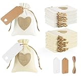 30 Jutesäckchen Herz zum Befüllen,10x14cm Sackleinen Taschen mit Kordelzug+30 Karten+10m Hanfseil,Wiederverwendbarer Geschenktüten Jutebeutel für DIY Weihnachten Ostern Hochzeit Thanksgiving,2 Farben