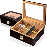 Zigarren Humidore,Slege Humidor-Zigarren, Spanische Zeder Hölzerne Zigarrenbox,mit Humidor Befeuchter,Hygrometer,Teiler,Männer Geschenk Zigarren Zubehör(30-50 Zigarren) Schwarz