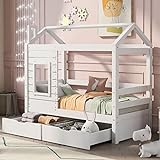 Hausbett Jugendbett 160x80 mit Rausfallschutz, vielseitiges Holz Bett für Jungen & Mädchen, Massivholz Bett mit Rausfallschutz Fenster und Lattenrost, Weiß