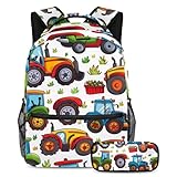 VAPOKF Schulranzen-Set mit Cartoon-Traktoren, Gras, für Teenager, Mädchen, Jungen, Kinder, Schüler-Büchertasche, Rucksack mit Federmäppchen für die Grundschule, multi, Einheitsgröße, Schulranzen-Set