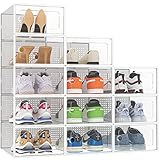 HOMIDEC Schuhboxen Stapelbar Transparent, 12 Stück Schuhkarton mit Deckel, Schuhaufbewahrung Schuhregal für Turnschuhe, Stöckelschuhe und Hausschuhe, bis Größe 45, Weiß