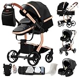 Kinderwagen 3 in 1,Kinderwagen set,höhenverstellbarer mit Panoramasicht,faltbar,inklusive Babytragetasche und Babyschale(Schwarz)