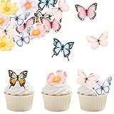 ALEGRE Blumen Schmetterling Tortendeko Essbare Schmetterlinge für Torte,48 Stück Schmetterling Deko Kuchen,2D Blumen Schmetterlinge Cupcake Deko,Essbare Muffinaufleger Geburtstag,Hochzeit
