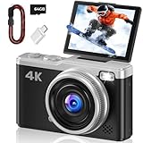 4K Digitalkamera - Maxmango 64MP Autofokus Kamera Fotokamera mit 180° Klappbarer Bildschirm - 2,4 Zoll Vlogging Kompaktkamera mit 64GB Karte - 16X Zoom für Jugendliche Einsteiger - Schwarz