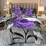 Bettdecke Graue Schmetterling Rose Bettwäsche 220x240 Weich Mikrofaser Bettwäsche 240x220 Atmungsaktiv Duvet Langlebig Bettdecken Waschbar Bettbezug mit Reißverschluss Steppdecke+2 Kissenbezug 80x80