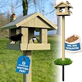 Schwanfeld® Vogelhaus [FÜR ALLE VOGELARTEN] - inkl. 500g Vogelfutter - Vogelfutterhaus mit Ständer wetterfest & langlebig - sicheres Futterhaus für Vögel 1,2m hoch (kippsicher)