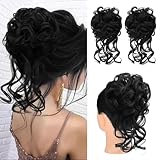 Haarteil Mit Gummiband Schwarz Dutt Haarteil Haargummi Mit Haaren Messy Bun Haarteil Schwarz Gelockt Haarteil Haargummi Hochsteckfrisuren für Frauen Mädchen (1B Natürliches Schwarz)