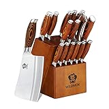 WILDMOK Messer Set Messerblock Set, mit Holzgriff Block, Deutscher Edelstahl Kchenmesser Knochenhacker Steakmesser, und Kchenschere, 17-teilig Profi Messerset