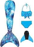 FOLOEO Meerjungfrauenflosse Mädchen Meerjungfrau Flosse für Kinder mit Bikini Set und Monoflosse, 4 Stück Set