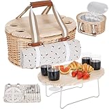 Picknickkorb-Set für 4 Personen – Isolierter Weidenkorb mit wasserdichter Decke, klappbarem Picknicktisch für Wein & Bestecksets, Picknickkörbe-Set für Camping, Outdoor, Valentinstag (Kirsche)