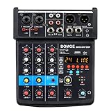 BOMGE 4-Kanal-Mini-DJ-Audio-Sound-Mixer, Interface mit MP3, USB, Bluetooth, Stereoaufnahme, 48-V-Phantomspeisung, 24 DSP für Karaoke, Performance, Kirchengesang und Streaming