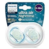 Philips Avent ultra air Nighttime Schnuller – 2er Pack, BPA-freier, atmungsaktiver, im Dunkeln leuchtender Schnuller für Babys von 6-18 Monaten, inklusive Transport- und Sterilisationsbox, blau/grau