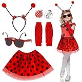 Fennoral 5tlg Marienkäfer Kostüm Mädchen Ladybug Tutu Rock mit rot-schwarz Haarband Ohrclips Ärmeln Brille Marienkäfer Cosplay Kleidung Kinder für Halloween Karneval Geburtstag Mottoparty Fasching