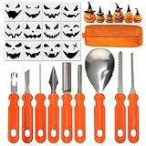 KENPOJO Halloween Kürbis Schnitzset, 9 Stück Kürbis Schnitzen Werkzeug mit 12 Schablone, Edelstahl Pumpkin Carving Kit DIY Halloween Dekoration, Kürbisschnitz Set Kinder Erwachsene Familie