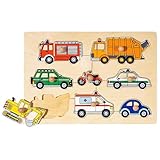 Goki FI-02808 Steckpuzzle 8-teilig Natürlicher Holzhintergrund | Kinder Holzpuzzle mit Feuerwehr, Polizei, Bagger & weiteren, Black, Spielzeug ab 1 Jahr