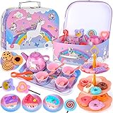 ENCOUN 48-teiliges Teeservice Kinder Metall, Tee Set Kinder mit Einhorn Koffer, Tea Party Set Kids, Tee Set Kinder Teeservice mit Dessert, Teeservice Kinderküche für Kinder Mädchen 3 4 5 6 7 8 Jahren