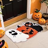 Halloween Deko Fußmatte, Fussmatte Innen mit Kürbis Fledermaus Geister Deko, Halloween Badezimmerteppich Saugfähig, rutschfest Badteppich aus Plüsch, Waschbar Badematte Bodenmatte für Badezimmer (A)
