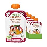 FRECHE FREUNDE Bio Quetschie Apfel, Mango & Pfirsich, Fruchtmus mit Obst im Quetschbeutel für Babys ab dem 6. Monat, vegan, 6er Pack (6 x 100g)