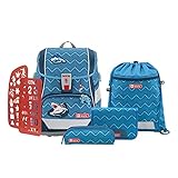 Step by Step Schulranzen-Set 2IN1 PLUS „Angry Shark“ 6-teilig, blau, ergonomischer Tornister mit Reflektoren, höhenverstellbar mit Hüftgurt für Jungen und Mädchen ab der 1. Klasse, 19L