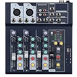 Weymic Professioneller Mixer | 4-Kanal-2-Bus-Mixer/mit USB-Audio-Schnittstelle, Stereo-Equalizer für die Aufnahme von DJ-Bühnen-Karaoke-Musikanwendungen(F4)