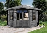 Alpholz 5-Eck Gartenhaus Modell Monica Gartenhaus aus Holz in Grau, Holzhaus mit 40 mm Wandstärke, Blockbohlenhaus mit Montagematerial