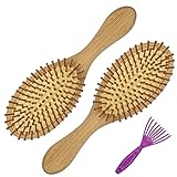 Firschoie Haarbürste Bambus 3er Set, Haarbürsten ohne Ziepen, mit kleinem Reinigungskamm, Antistatische Kopfhautmassage reduziert Frizz und Haarbruch, Geeignet für langes Haar, lockiges Haar, Spliss