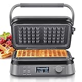 Waffeleisen 1600W, Doppelwaffeleisen für Belgische Waffeln, 5 Programme, 7 Bräunungsstufen, Steuerung über LCD Display, Timer, Praktische Überlaufrille, Edelstahl