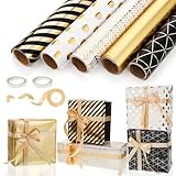 5 Rollen Geschenkpapier Set, 43cm x 3m Geschenkpapier Geburtstag Geschenkpapier Schwarz Gold Geschenkpapierrolle mit Schleifenband Gold für Kindergeburtstag Hochzeit Babyparty Weihnachten Vatertag