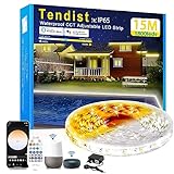 TENDIST 15M LED Strip Aussenbereich Warmweiß bis Kaltweiß Einstellbar, 24V Wasserdicht Alexa Kompatibel Weiß Led Band, Dimmbar Außen LED Lichtschlauch Selbstklebend für Küche, Pavillon Beleuchtung