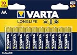 VARTA Batterien AA, 10 Stück, Longlife, Alkaline, 1,5V, ideal für Fernbedienungen, Wecker, Radios, Made in Germany