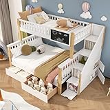 Rtopsu Etagenbett Kinderbett 90x200 & 140x200 cm für 2-3 Kinder, Hochbett mit Treppe und 2 Stauraum Schubladen, Bett mit Rausfallschutz, Hausbett mit Lattenrost, Weiß & Natür, Ohne Matratze