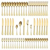 ERVILO Besteck Set 12 Personen – Essbesteck 60 teilig mit Spiegelglanz – Monobloc-Messer – Für Haushalt, Restaurant, Hochzeit & Feier – Spülmaschinenfest, Goldene