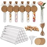 OFFCUP Reagenzgläser Set, 20 Stück Kunststoff Reagenzglas mit Korken 16*100mm Transparent Reagenzgläser für Blumen Reagenzglas mit Kraftpapieranhänger, Hanfseil und Trichter, für Bonbons, Blumen, DIY