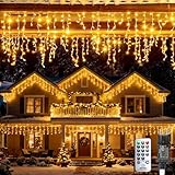 Bowfar Eisregen Lichterkette Außen, 15M 600LED Weihnachtsbeleuchtung mit Fernbedienung und Memory-Funktion, Warmweiß Wasserdicht Lichtervorhang Fenster für Balkon Party Weihnachten Haus Geländer